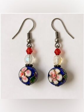 🌺💙Cloisonné Floral Drop Earrings | Blue Enamel Beads + Crystal Accents